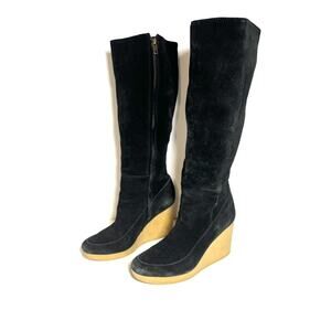 LL Bean EUC Black Suede 3" Wedge Crepe Heel Tall Knee High Boots Size 7